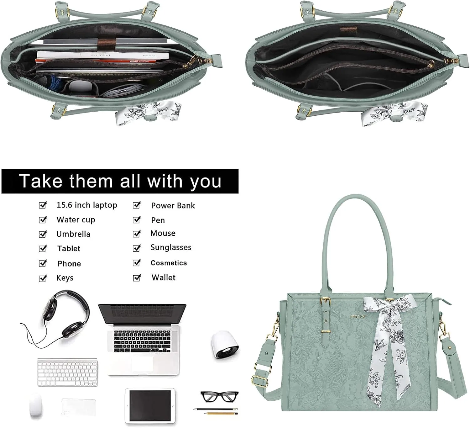 MOSISO Laptop Tote Bag for Women, 15.6-16 inch PU Leather Compatible with MacBook, HP, Dell, Asus Notebook, Front Embossed Retro Hibiscus Computer Bag with Silk Scarf&Clutch Purse, Antique Green