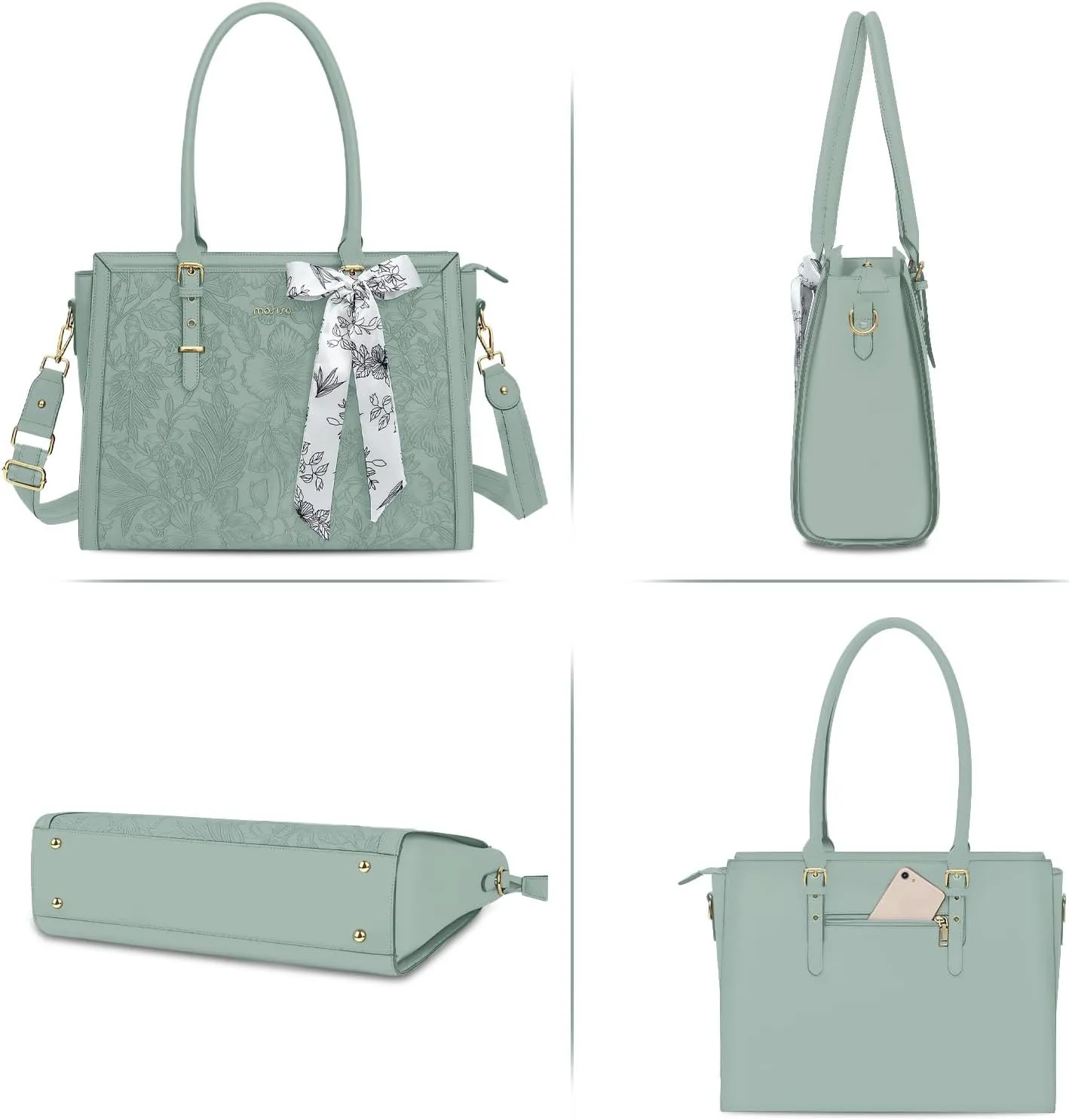 MOSISO Laptop Tote Bag for Women, 15.6-16 inch PU Leather Compatible with MacBook, HP, Dell, Asus Notebook, Front Embossed Retro Hibiscus Computer Bag with Silk Scarf&Clutch Purse, Antique Green