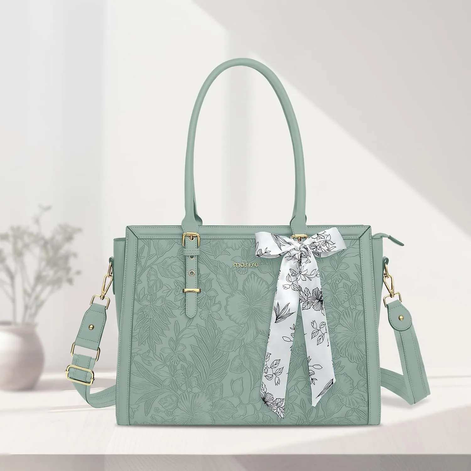 MOSISO Laptop Tote Bag for Women, 15.6-16 inch PU Leather Compatible with MacBook, HP, Dell, Asus Notebook, Front Embossed Retro Hibiscus Computer Bag with Silk Scarf&Clutch Purse, Antique Green