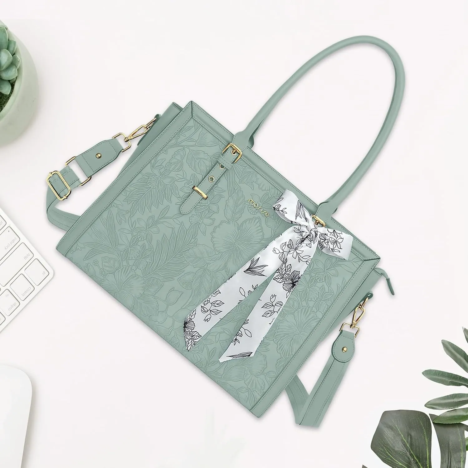 MOSISO Laptop Tote Bag for Women, 15.6-16 inch PU Leather Compatible with MacBook, HP, Dell, Asus Notebook, Front Embossed Retro Hibiscus Computer Bag with Silk Scarf&Clutch Purse, Antique Green
