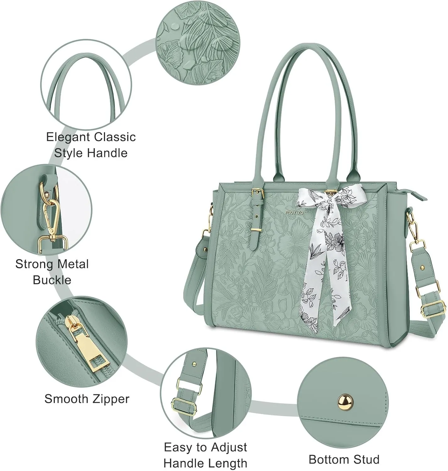 MOSISO Laptop Tote Bag for Women, 15.6-16 inch PU Leather Compatible with MacBook, HP, Dell, Asus Notebook, Front Embossed Retro Hibiscus Computer Bag with Silk Scarf&Clutch Purse, Antique Green