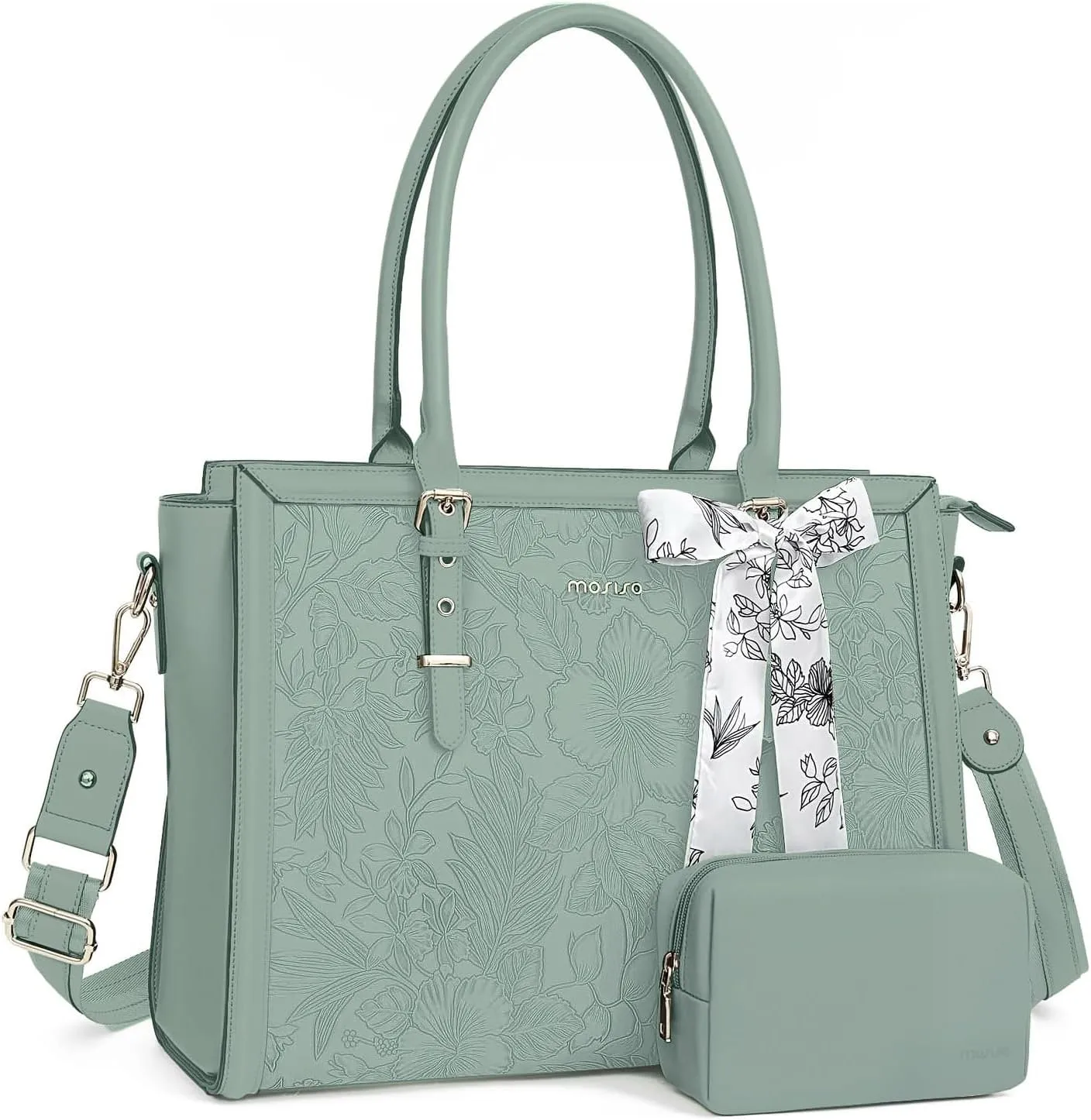 MOSISO Laptop Tote Bag for Women, 15.6-16 inch PU Leather Compatible with MacBook, HP, Dell, Asus Notebook, Front Embossed Retro Hibiscus Computer Bag with Silk Scarf&Clutch Purse, Antique Green
