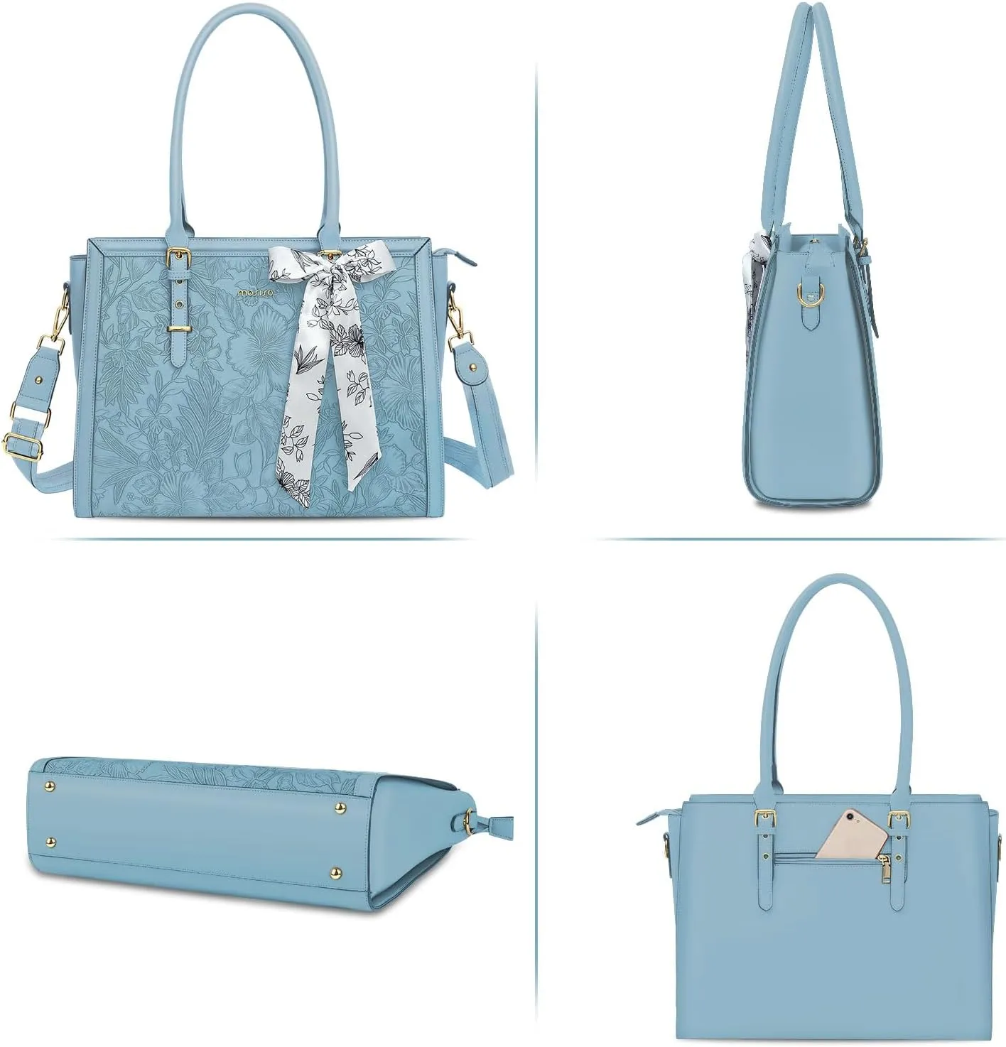 MOSISO Laptop Tote Bag for Women, 17-17.3 inch PU Leather Compatible with MacBook, HP, Dell, Asus Notebook, Front Embossed Retro Hibiscus Computer Bag with Silk Scarf & Clutch Purse, Air Blue