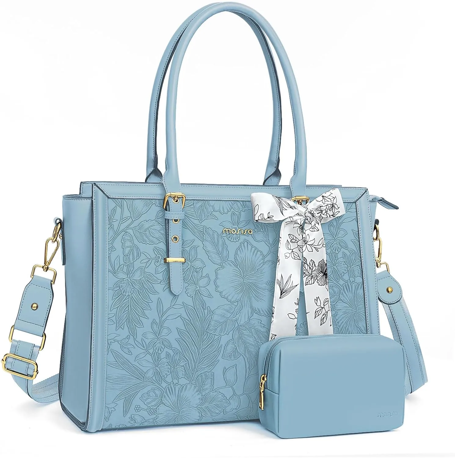 MOSISO Laptop Tote Bag for Women, 17-17.3 inch PU Leather Compatible with MacBook, HP, Dell, Asus Notebook, Front Embossed Retro Hibiscus Computer Bag with Silk Scarf & Clutch Purse, Air Blue