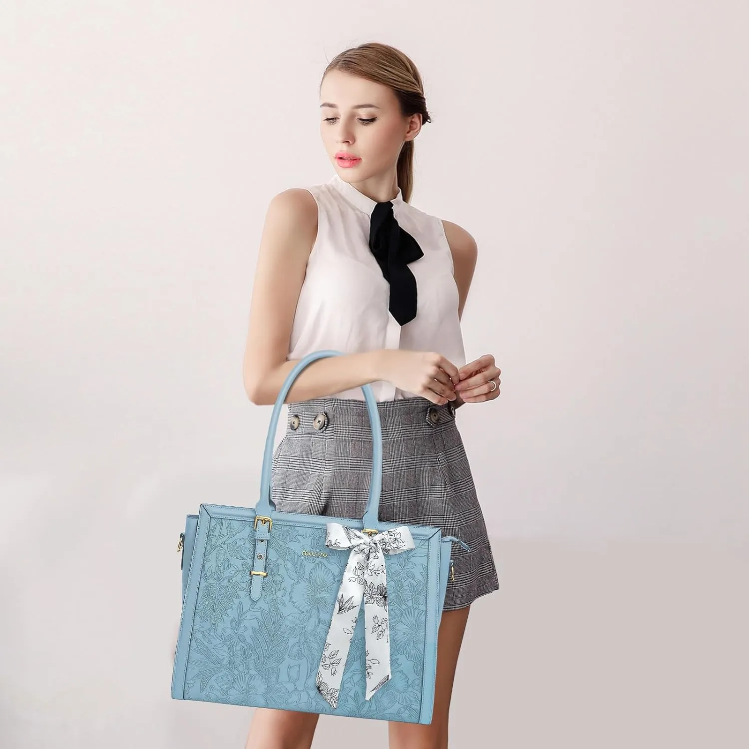 MOSISO Laptop Tote Bag for Women, 17-17.3 inch PU Leather Compatible with MacBook, HP, Dell, Asus Notebook, Front Embossed Retro Hibiscus Computer Bag with Silk Scarf & Clutch Purse, Air Blue