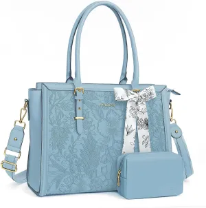 MOSISO Laptop Tote Bag for Women, 17-17.3 inch PU Leather Compatible with MacBook, HP, Dell, Asus Notebook, Front Embossed Retro Hibiscus Computer Bag with Silk Scarf & Clutch Purse, Air Blue