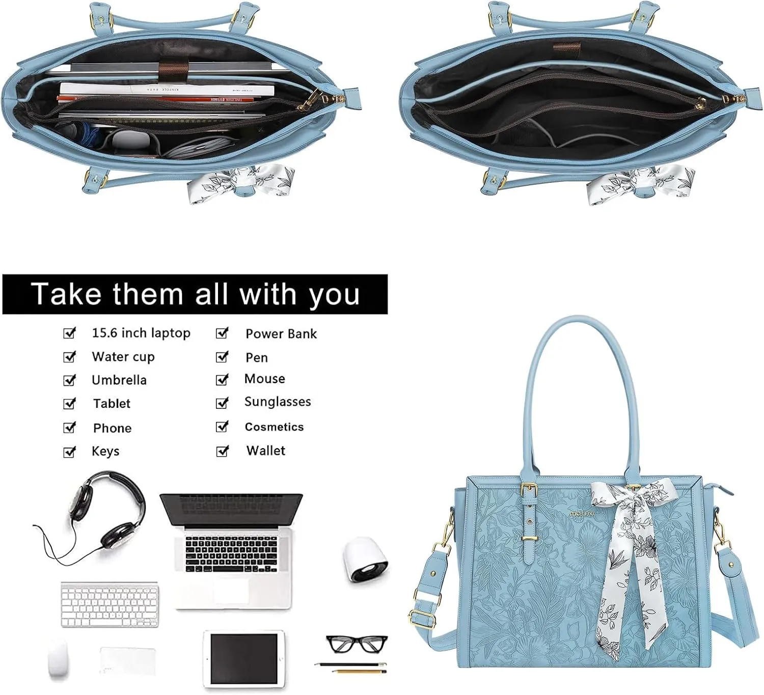 MOSISO Laptop Tote Bag for Women, 17-17.3 inch PU Leather Compatible with MacBook, HP, Dell, Asus Notebook, Front Embossed Retro Hibiscus Computer Bag with Silk Scarf & Clutch Purse, Air Blue