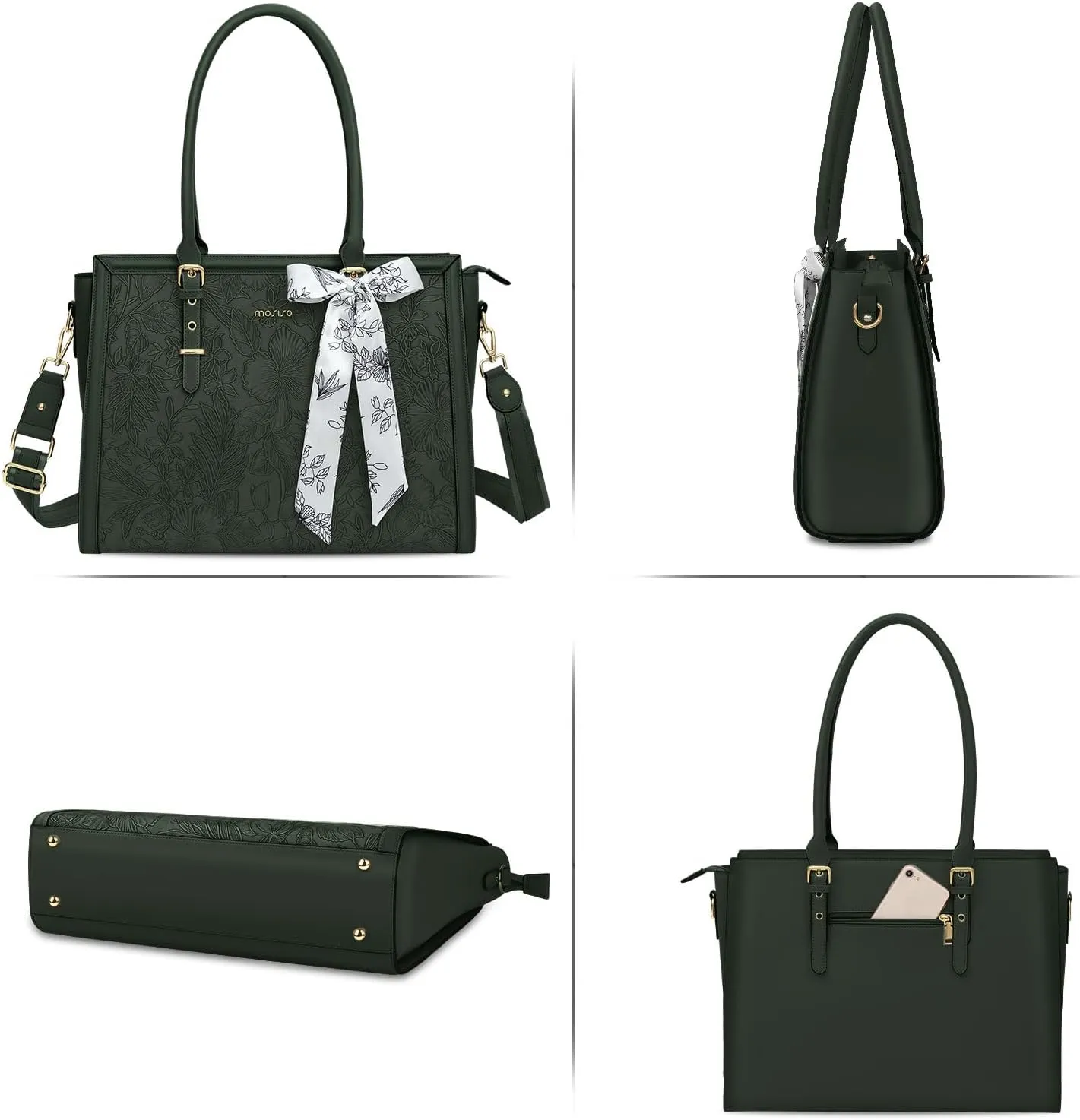 MOSISO Laptop Tote Bag for Women, 17-17.3 inch PU Leather Compatible with MacBook, HP, Dell, Asus Notebook, Front Embossed Retro Hibiscus Computer Bag with Silk Scarf & Clutch Purse, Emerald Green