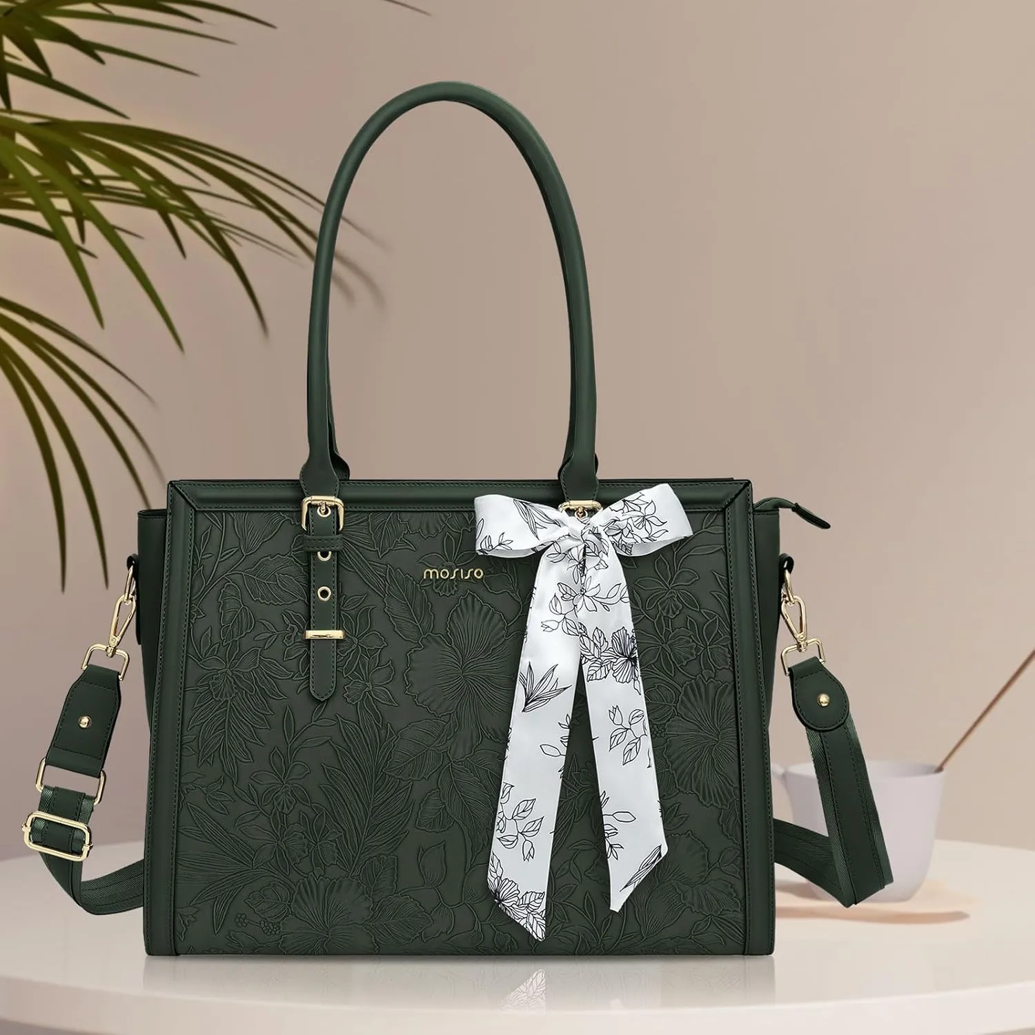 MOSISO Laptop Tote Bag for Women, 17-17.3 inch PU Leather Compatible with MacBook, HP, Dell, Asus Notebook, Front Embossed Retro Hibiscus Computer Bag with Silk Scarf & Clutch Purse, Emerald Green