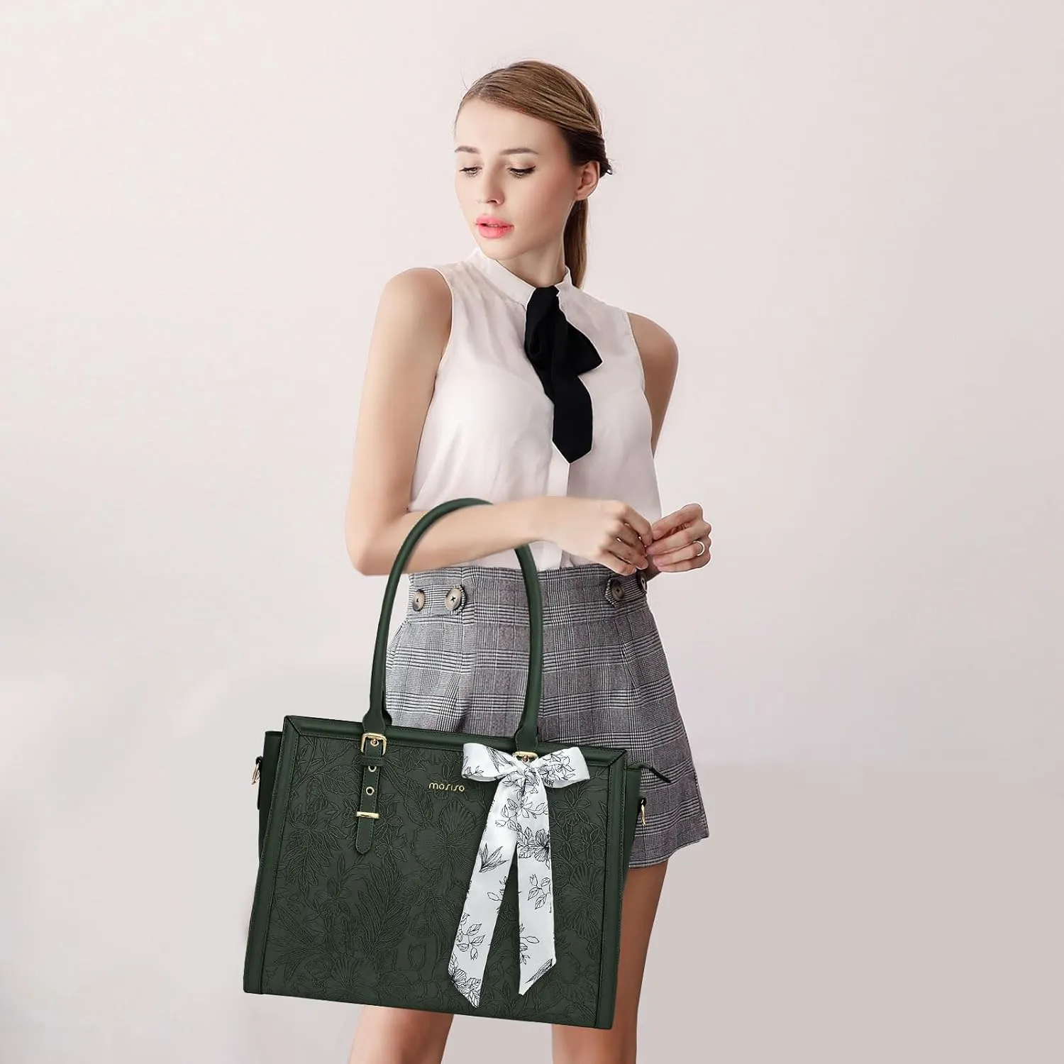 MOSISO Laptop Tote Bag for Women, 17-17.3 inch PU Leather Compatible with MacBook, HP, Dell, Asus Notebook, Front Embossed Retro Hibiscus Computer Bag with Silk Scarf & Clutch Purse, Emerald Green