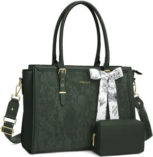 MOSISO Laptop Tote Bag for Women, 17-17.3 inch PU Leather Compatible with MacBook, HP, Dell, Asus Notebook, Front Embossed Retro Hibiscus Computer Bag with Silk Scarf & Clutch Purse, Emerald Green
