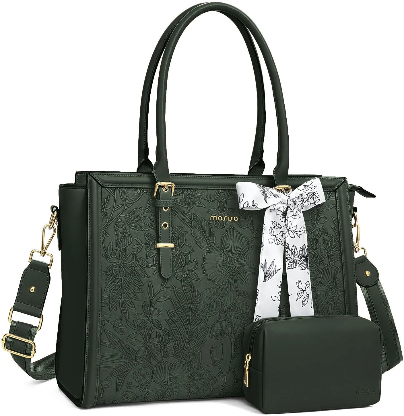MOSISO Laptop Tote Bag for Women, 17-17.3 inch PU Leather Compatible with MacBook, HP, Dell, Asus Notebook, Front Embossed Retro Hibiscus Computer Bag with Silk Scarf & Clutch Purse, Emerald Green