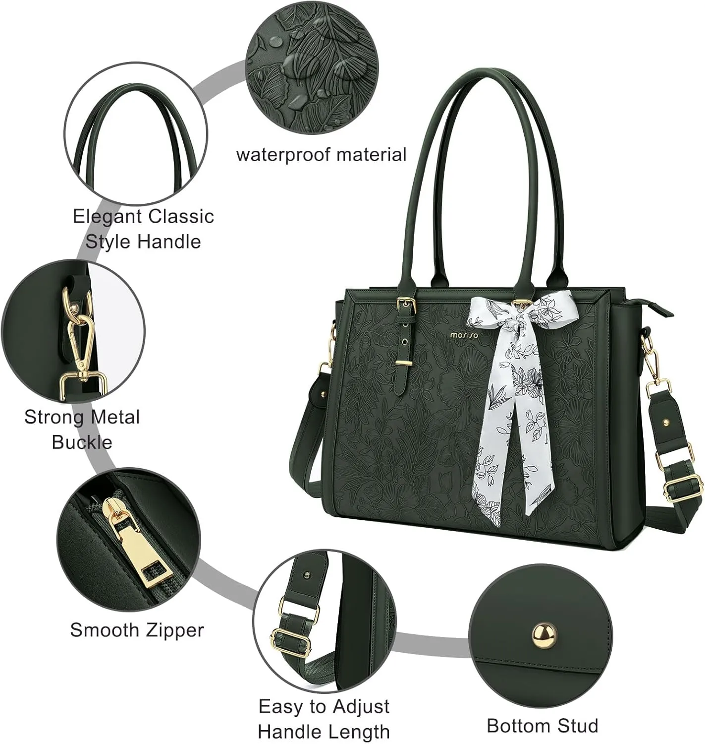 MOSISO Laptop Tote Bag for Women, 17-17.3 inch PU Leather Compatible with MacBook, HP, Dell, Asus Notebook, Front Embossed Retro Hibiscus Computer Bag with Silk Scarf & Clutch Purse, Emerald Green