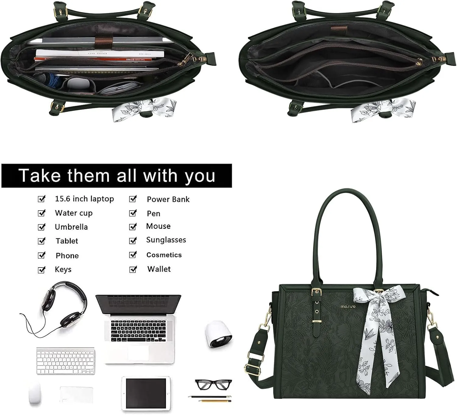 MOSISO Laptop Tote Bag for Women, 17-17.3 inch PU Leather Compatible with MacBook, HP, Dell, Asus Notebook, Front Embossed Retro Hibiscus Computer Bag with Silk Scarf & Clutch Purse, Emerald Green
