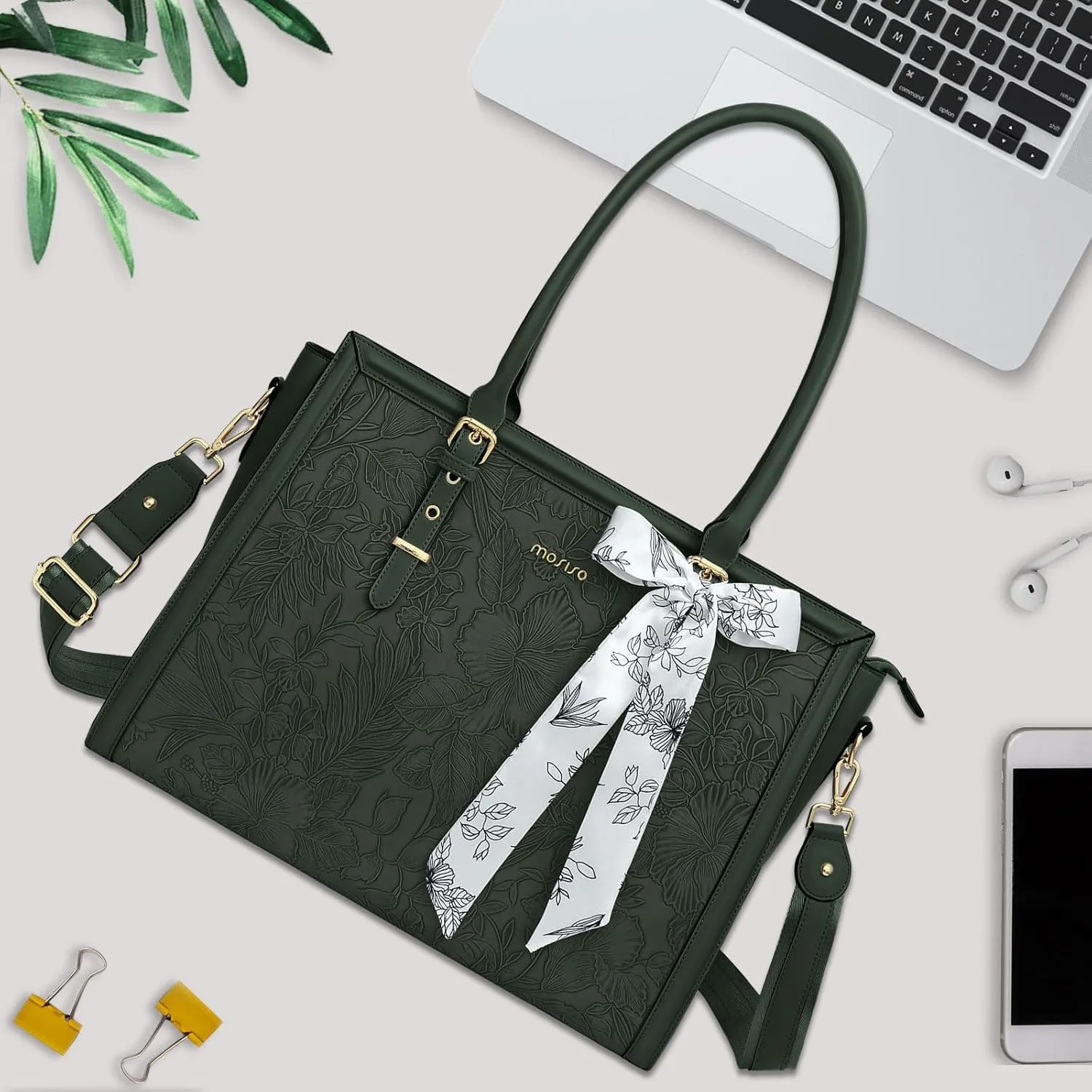 MOSISO Laptop Tote Bag for Women, 17-17.3 inch PU Leather Compatible with MacBook, HP, Dell, Asus Notebook, Front Embossed Retro Hibiscus Computer Bag with Silk Scarf & Clutch Purse, Emerald Green