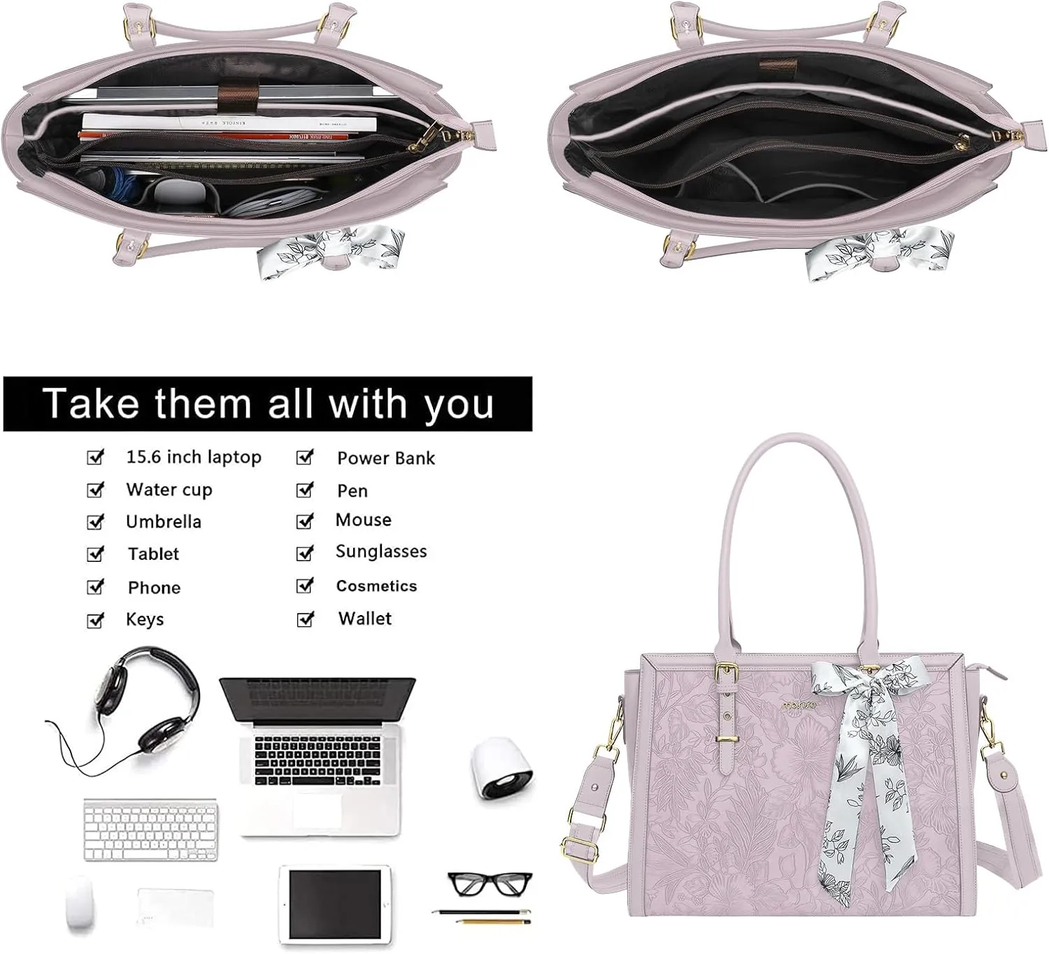 MOSISO Laptop Tote for Women, 15.6-16 inch PU Leather Compatible with MacBook, HP, Dell, Asus Notebook, Front Embossed Retro Hibiscus Computer Bag with Silk Scarf & Clutch Purse, Dusty Lilac