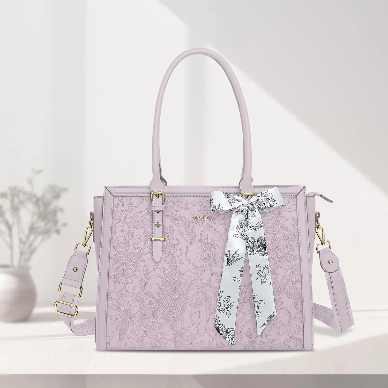 MOSISO Laptop Tote for Women, 15.6-16 inch PU Leather Compatible with MacBook, HP, Dell, Asus Notebook, Front Embossed Retro Hibiscus Computer Bag with Silk Scarf & Clutch Purse, Dusty Lilac