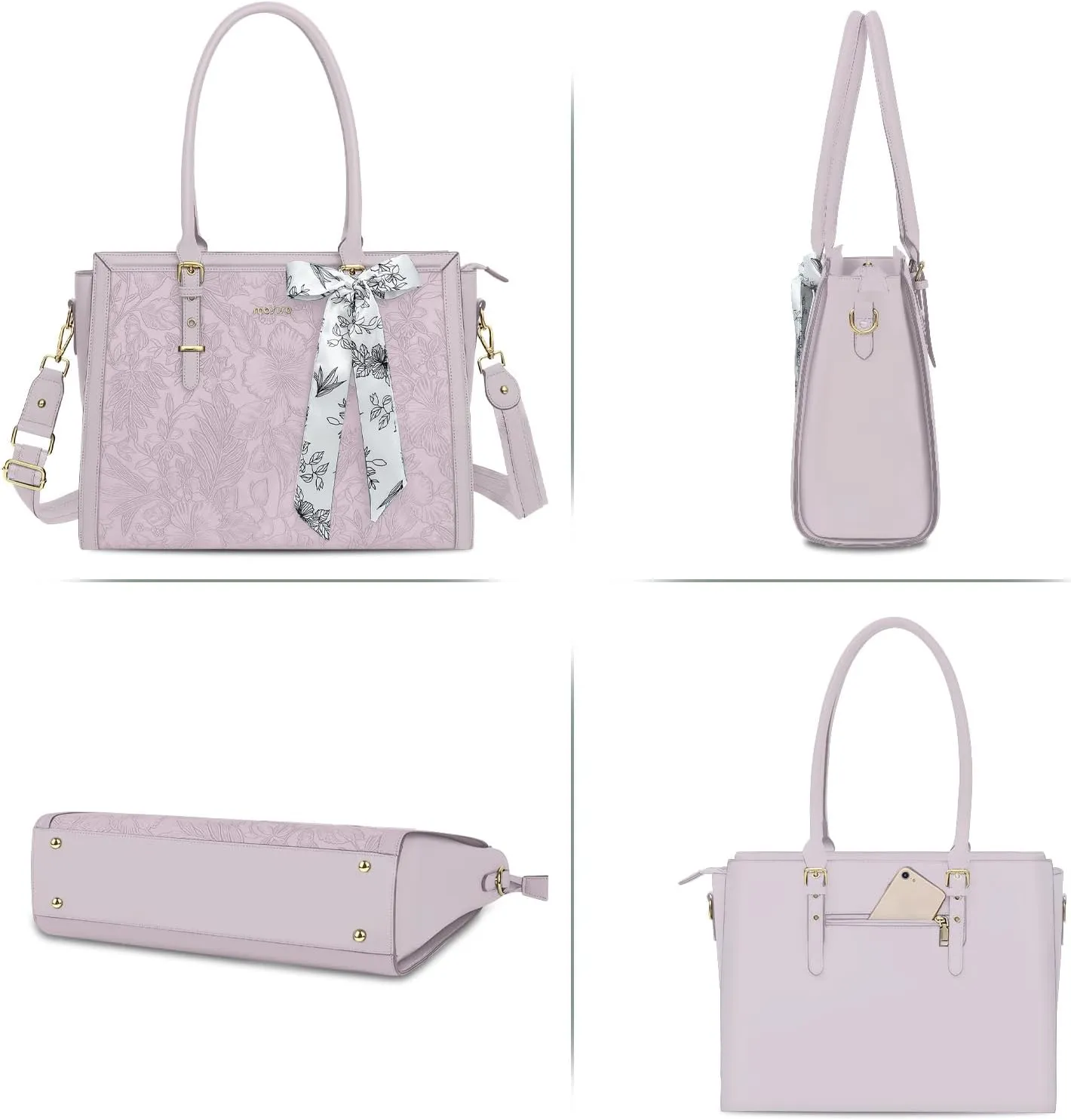 MOSISO Laptop Tote for Women, 15.6-16 inch PU Leather Compatible with MacBook, HP, Dell, Asus Notebook, Front Embossed Retro Hibiscus Computer Bag with Silk Scarf & Clutch Purse, Dusty Lilac