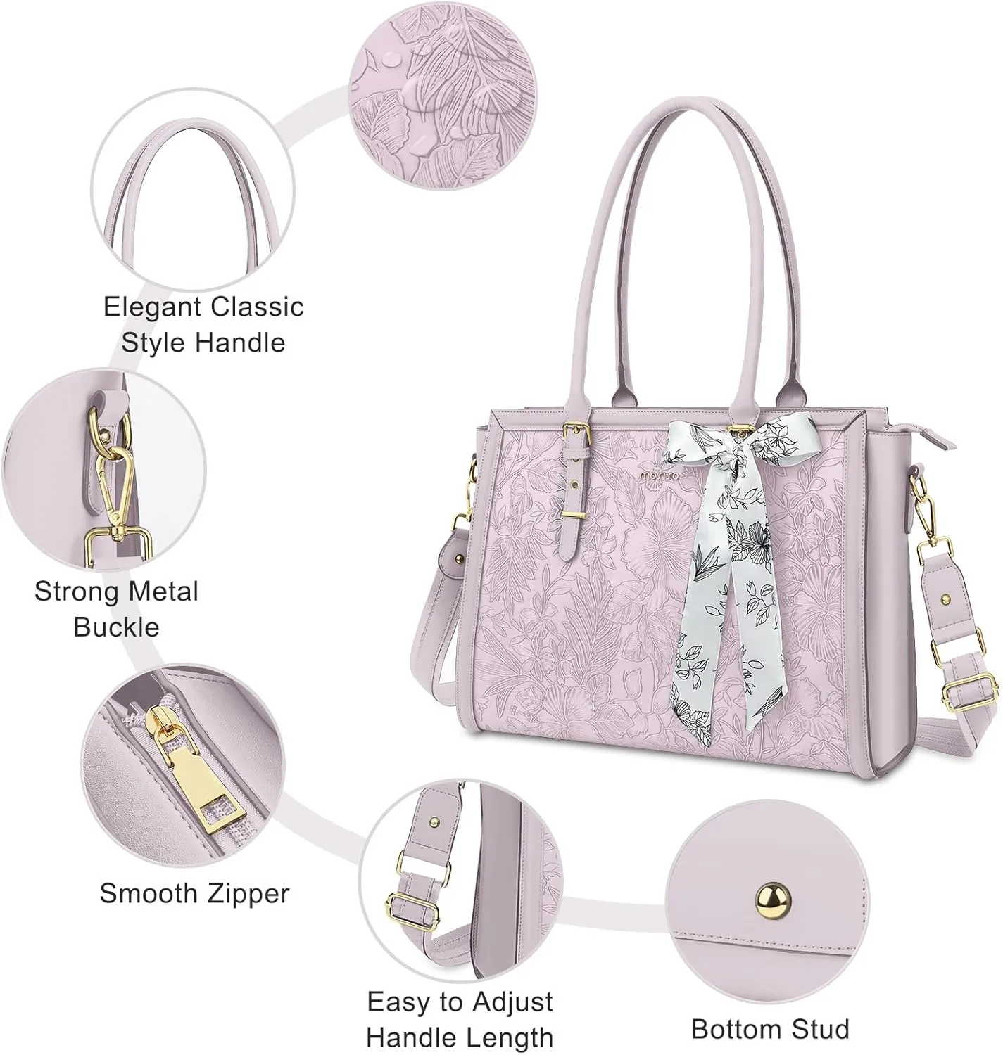 MOSISO Laptop Tote for Women, 15.6-16 inch PU Leather Compatible with MacBook, HP, Dell, Asus Notebook, Front Embossed Retro Hibiscus Computer Bag with Silk Scarf & Clutch Purse, Dusty Lilac