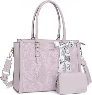 MOSISO Laptop Tote for Women, 15.6-16 inch PU Leather Compatible with MacBook, HP, Dell, Asus Notebook, Front Embossed Retro Hibiscus Computer Bag with Silk Scarf & Clutch Purse, Dusty Lilac