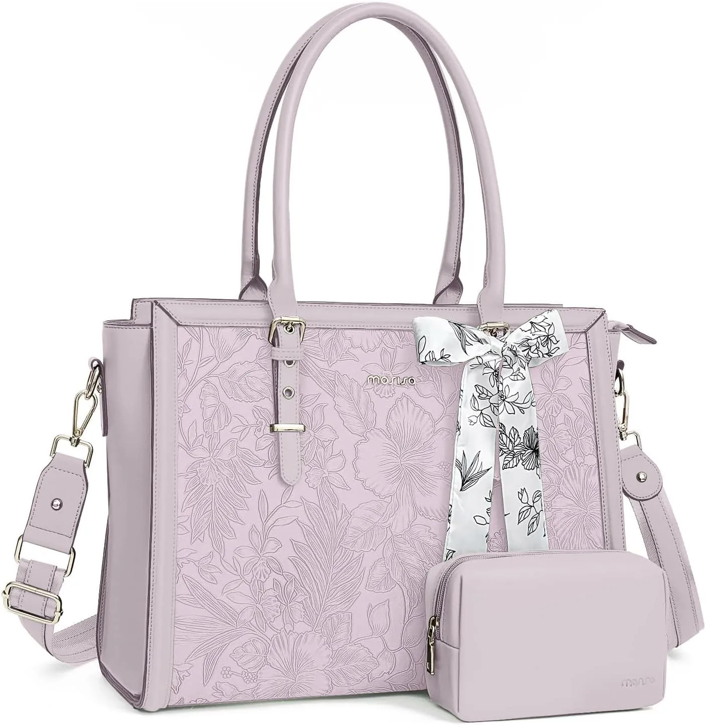 MOSISO Laptop Tote for Women, 15.6-16 inch PU Leather Compatible with MacBook, HP, Dell, Asus Notebook, Front Embossed Retro Hibiscus Computer Bag with Silk Scarf & Clutch Purse, Dusty Lilac