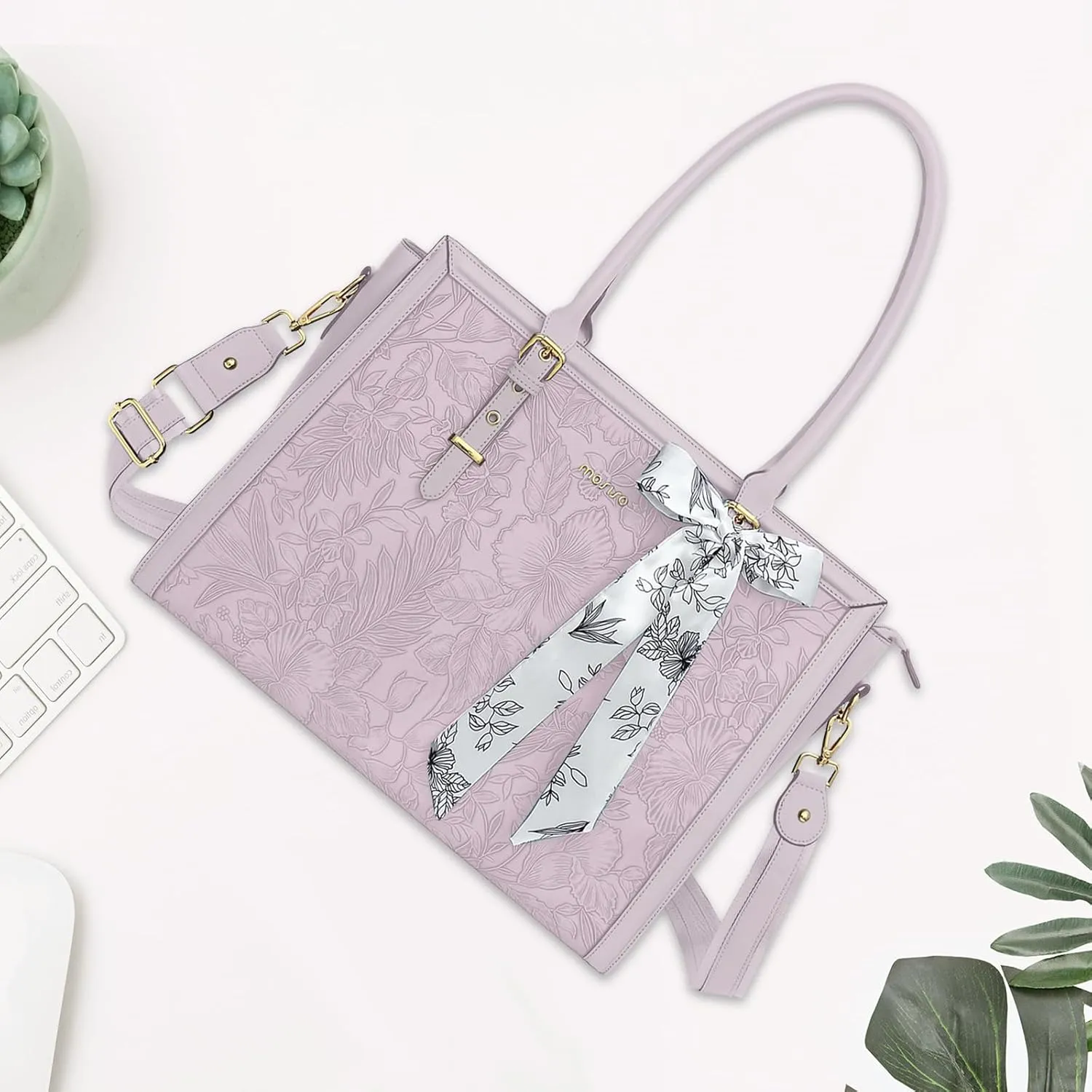 MOSISO Laptop Tote for Women, 15.6-16 inch PU Leather Compatible with MacBook, HP, Dell, Asus Notebook, Front Embossed Retro Hibiscus Computer Bag with Silk Scarf & Clutch Purse, Dusty Lilac