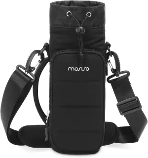 MOSISO Puffy Water Bottle Holder, 32oz / 40oz Insulated Water Bottle Carrier Bag with Strap, 2 Pockets Water Bottle Sling Bag with Handle for Walking, Hiking, Camping, Traveling, Black
