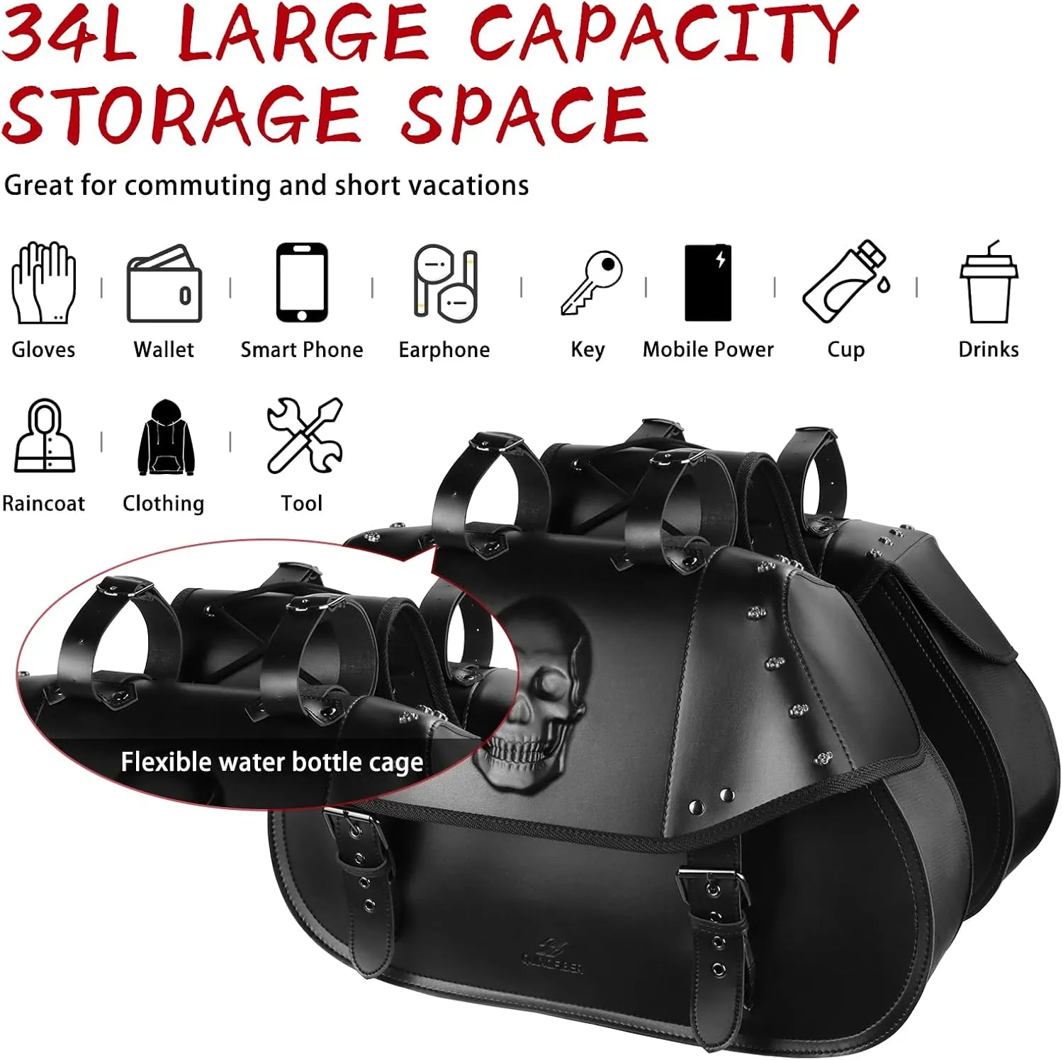 Motorcycle Saddlebags 34L Large Capacity PU Leather Side Saddle Bags Waterproof Universal for Harley Honda Yamaha Kawasaki (3D Skull,Black)