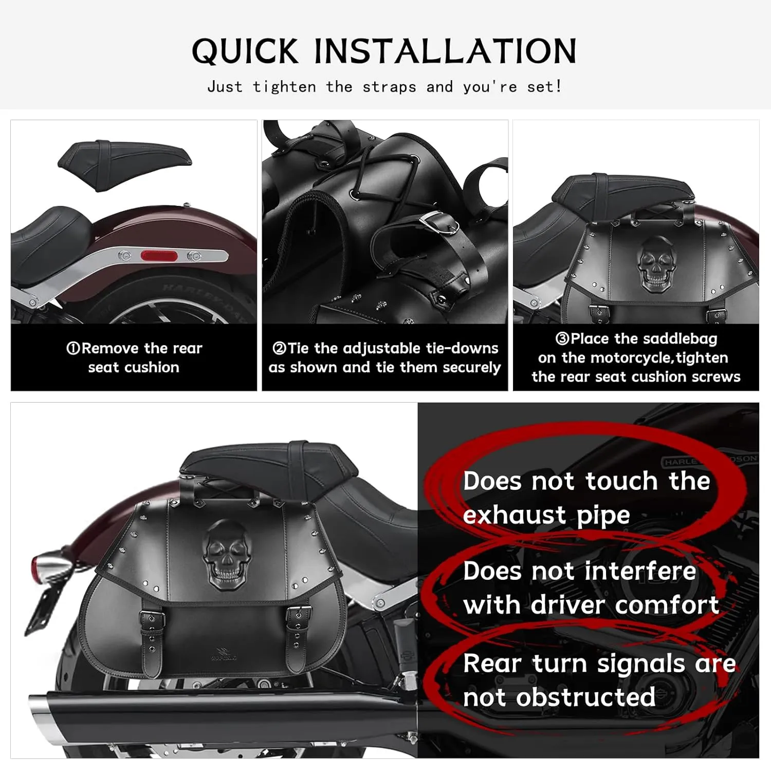 Motorcycle Saddlebags 34L Large Capacity PU Leather Side Saddle Bags Waterproof Universal for Harley Honda Yamaha Kawasaki (3D Skull,Black)