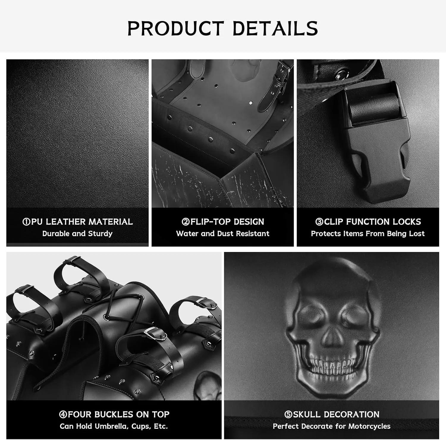 Motorcycle Saddlebags 34L Large Capacity PU Leather Side Saddle Bags Waterproof Universal for Harley Honda Yamaha Kawasaki (3D Skull,Black)
