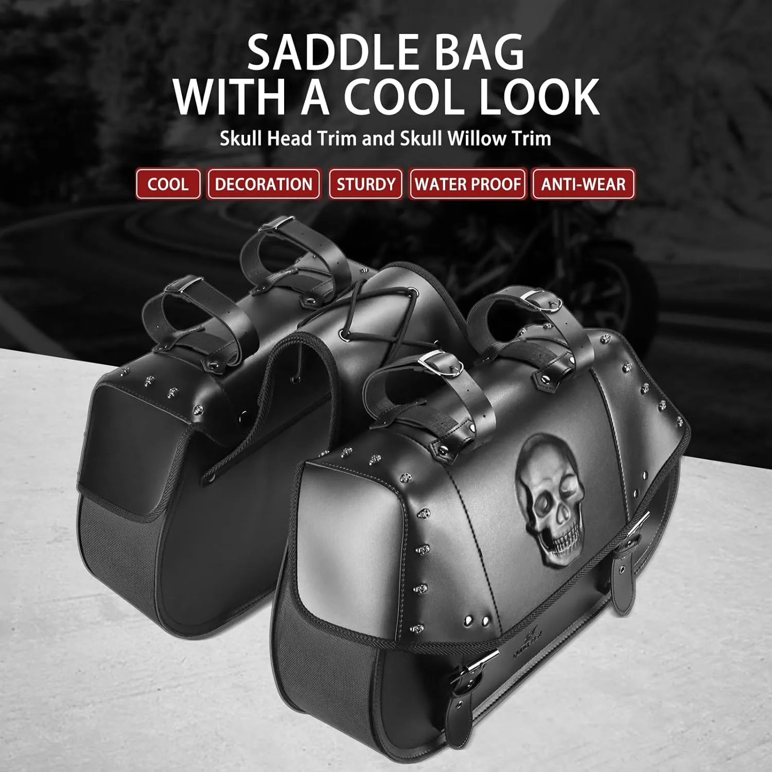 Motorcycle Saddlebags 34L Large Capacity PU Leather Side Saddle Bags Waterproof Universal for Harley Honda Yamaha Kawasaki (3D Skull,Black)