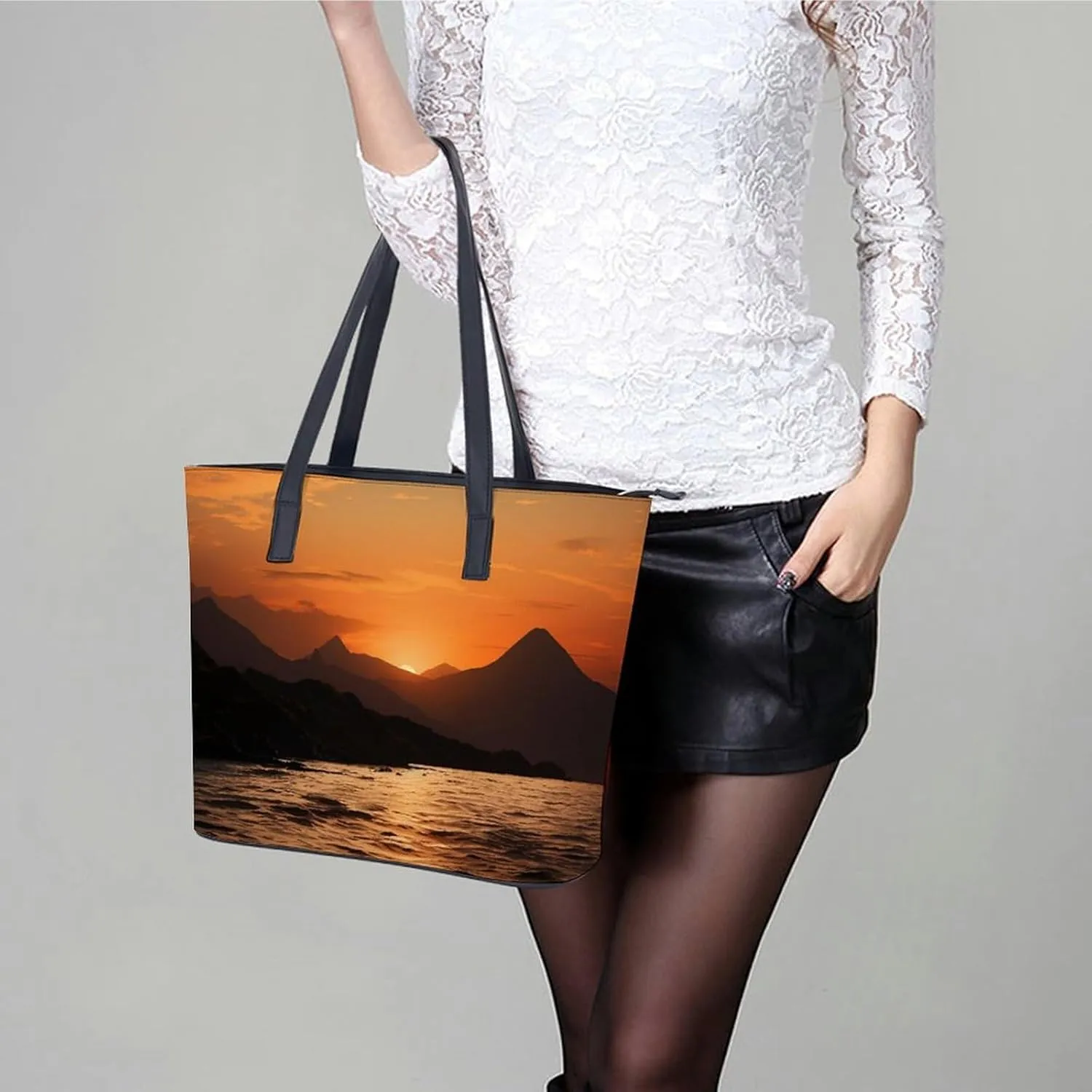 Mountain And Water At Sunset Bag Purse Handbag for Women Top Handle Satchel Shoulder with Zipper Tote Bags Large