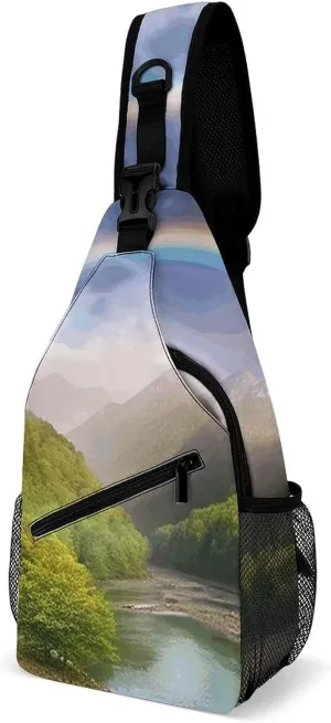 Mountain Valley with Rainbow Crossbody Sling Bag for Women Men Sling Backpack Travel Chest Bag Pack Man Purse Shoulder Bags Daypack for Travel Hiking Cycling