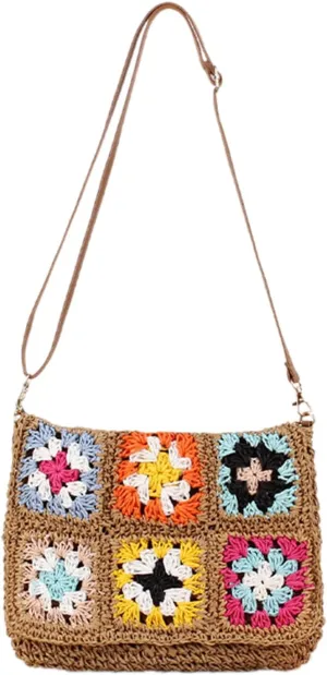 Muloo Ethnic Vintage Woven Flap Crossbody Bag Beach Vacation Crochet Colorful Flower Shoulder Bag Purse with Adjustable Strap, Camel