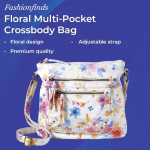 Multi-Pocket Crossbody Bag for Women, Floral Vegan Leather Designer Purse, Ladies Travel Handbag with Zipper Closure, Adjustable Shoulder Strap