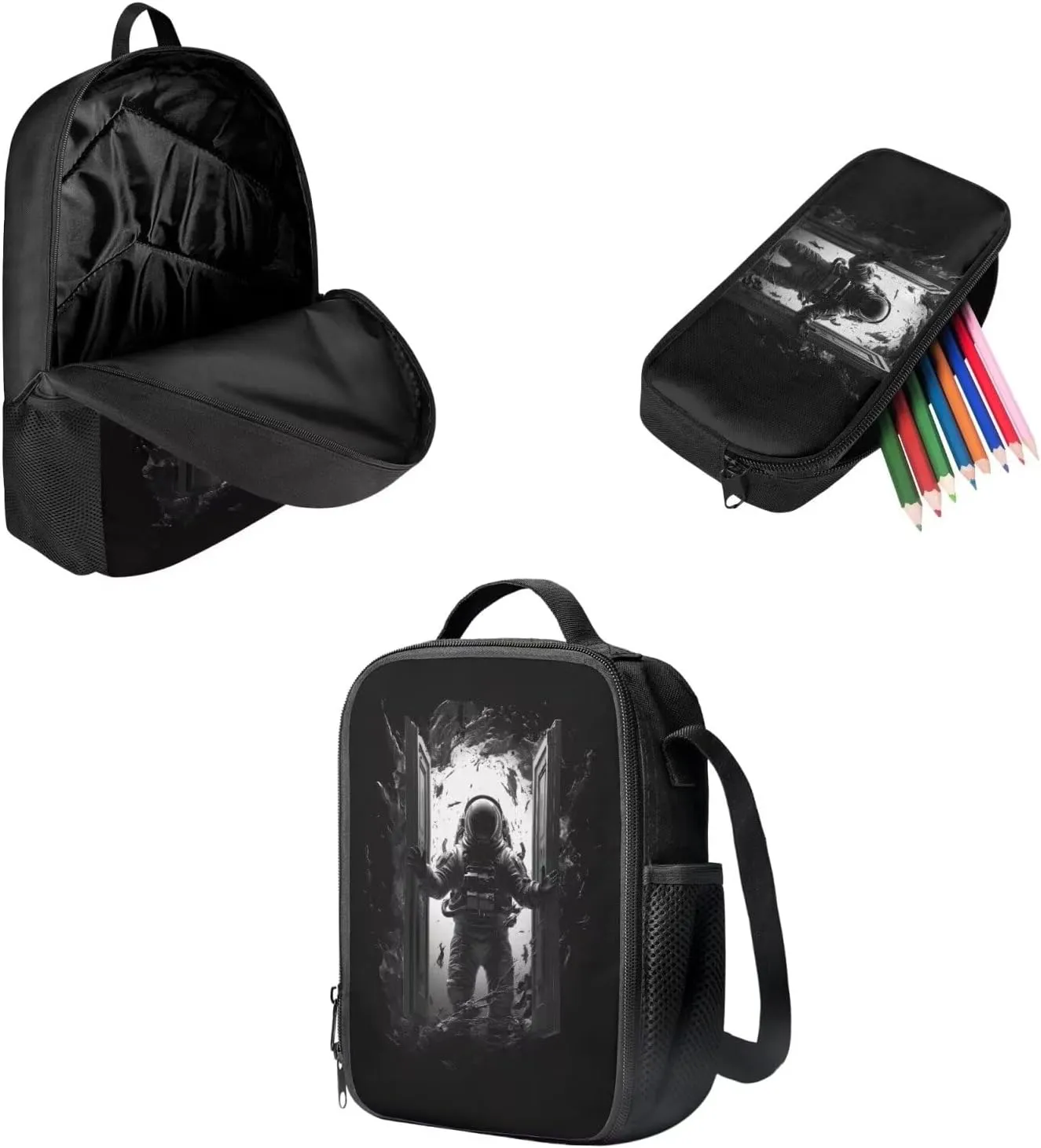 Mumeson Asronsut Pattern Backpacks Big Capacity Bookbag Schoolbags 3 Pieces Set Schoolbag with Portable Insulated Lunch Bag Mini Pencil Case,Lightweight Backpack Set