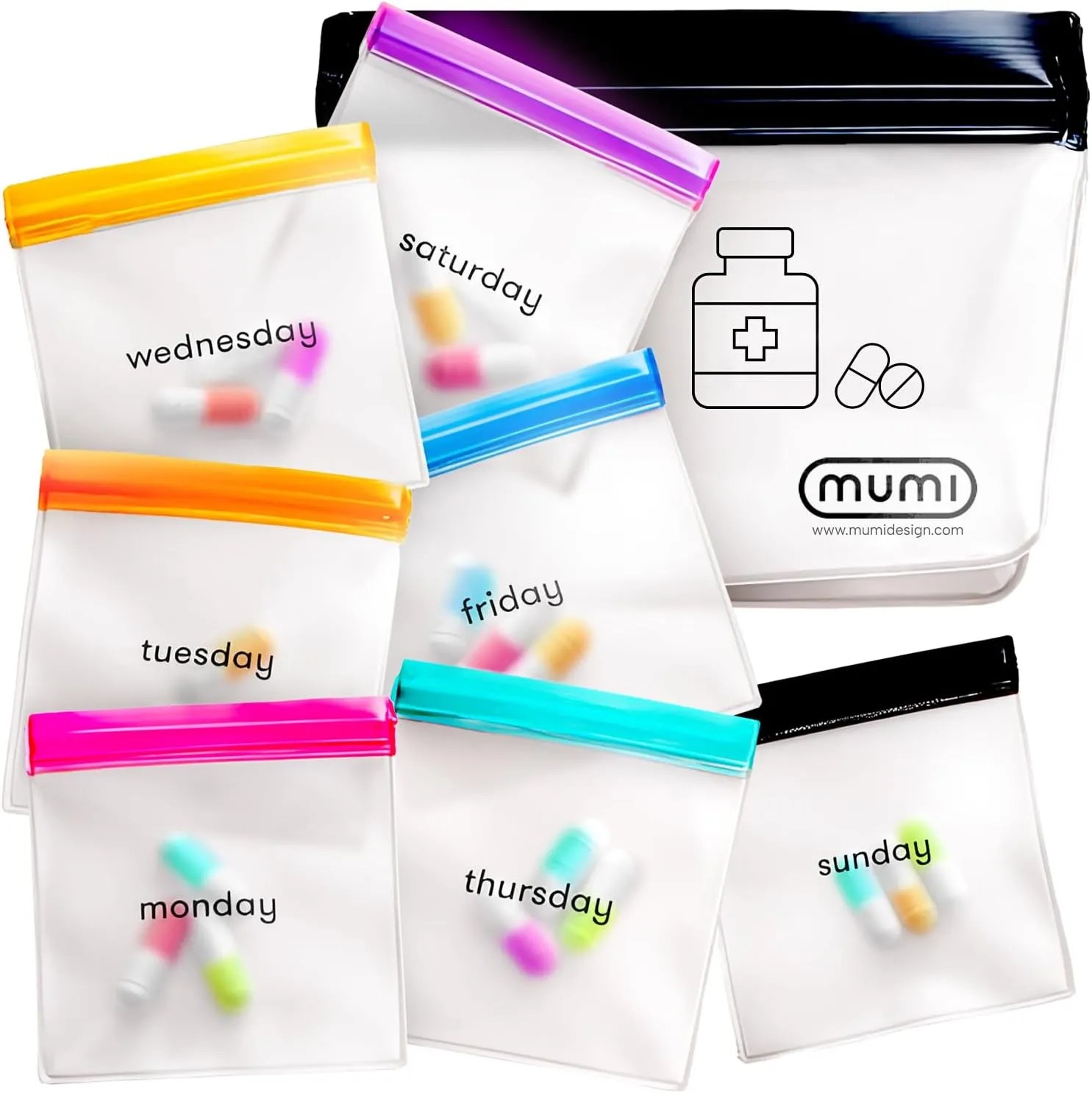 mumi Pill Pouch Set, 7 Mini Zip Pill Organizers, Large Reusable Travel Pill Container, Color-Coded Medicine Bags, Organize Pills & Small Items