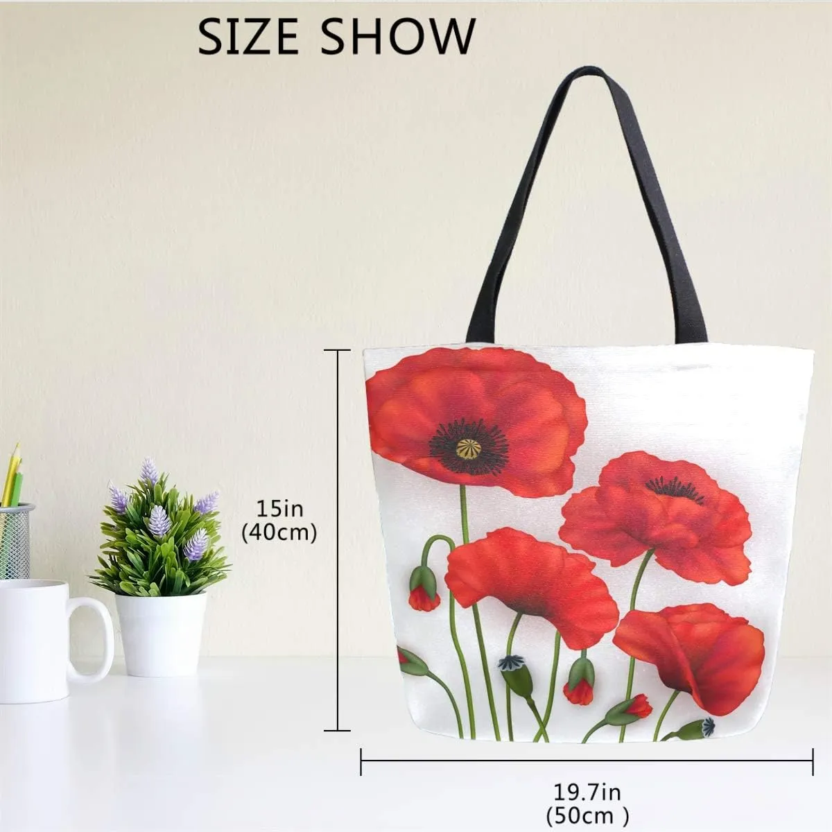 Naanle Floral Flower Canvas Tote Bag - Large Women's Casual Shoulder Handbag, Poppy Reusable Multipurpose Heavy Duty Shopping Grocery Cotton Bag for Outdoors