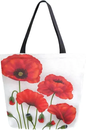 Naanle Floral Flower Canvas Tote Bag - Large Women's Casual Shoulder Handbag, Poppy Reusable Multipurpose Heavy Duty Shopping Grocery Cotton Bag for Outdoors