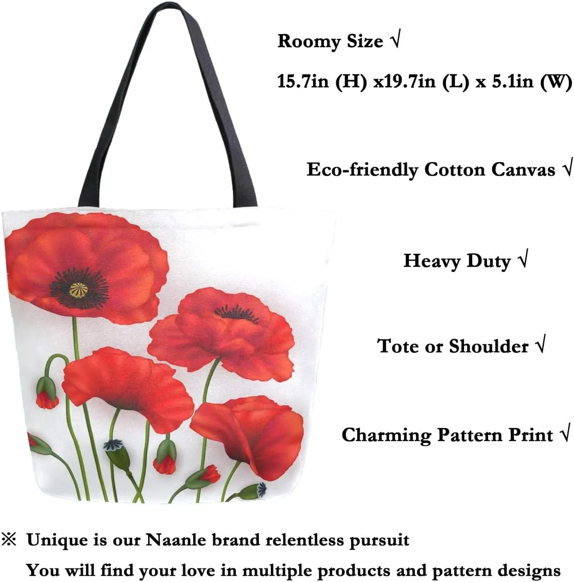 Naanle Floral Flower Canvas Tote Bag - Large Women's Casual Shoulder Handbag, Poppy Reusable Multipurpose Heavy Duty Shopping Grocery Cotton Bag for Outdoors