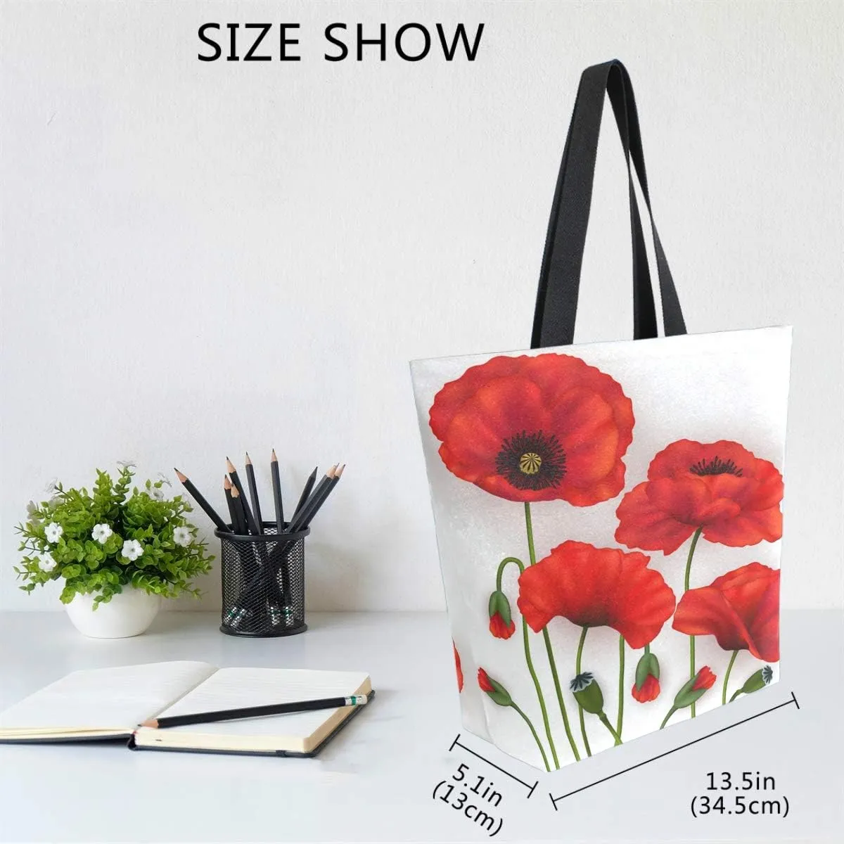 Naanle Floral Flower Canvas Tote Bag - Large Women's Casual Shoulder Handbag, Poppy Reusable Multipurpose Heavy Duty Shopping Grocery Cotton Bag for Outdoors