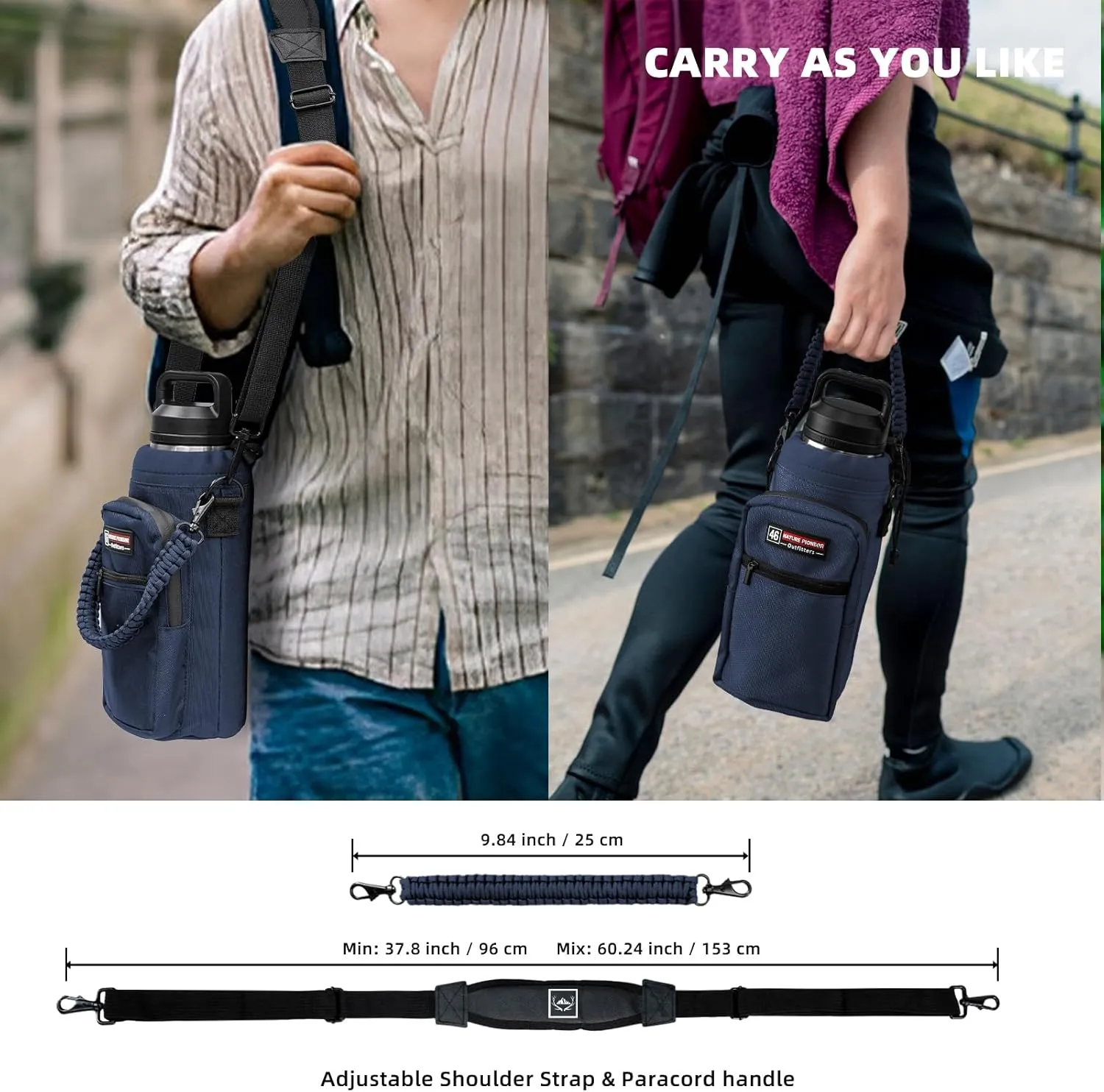 NATURE PIONEOR Water Bottle Carrier with Adjustable Strap - Insulated Sleeve Pouch Water Bottle Holder Bag with Paracord Handle & 2 Storage Pockets for 18/24/25/26/32/36/40/46oz, Hiking, Camping, Gym