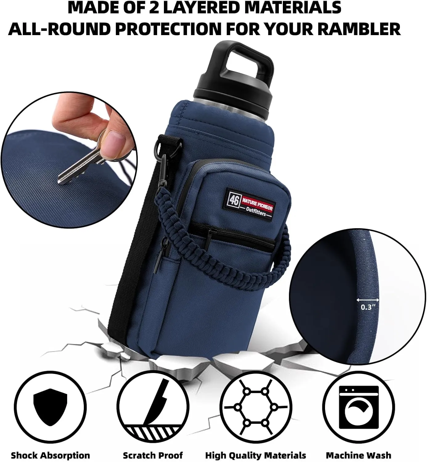 NATURE PIONEOR Water Bottle Carrier with Adjustable Strap - Insulated Sleeve Pouch Water Bottle Holder Bag with Paracord Handle & 2 Storage Pockets for 18/24/25/26/32/36/40/46oz, Hiking, Camping, Gym