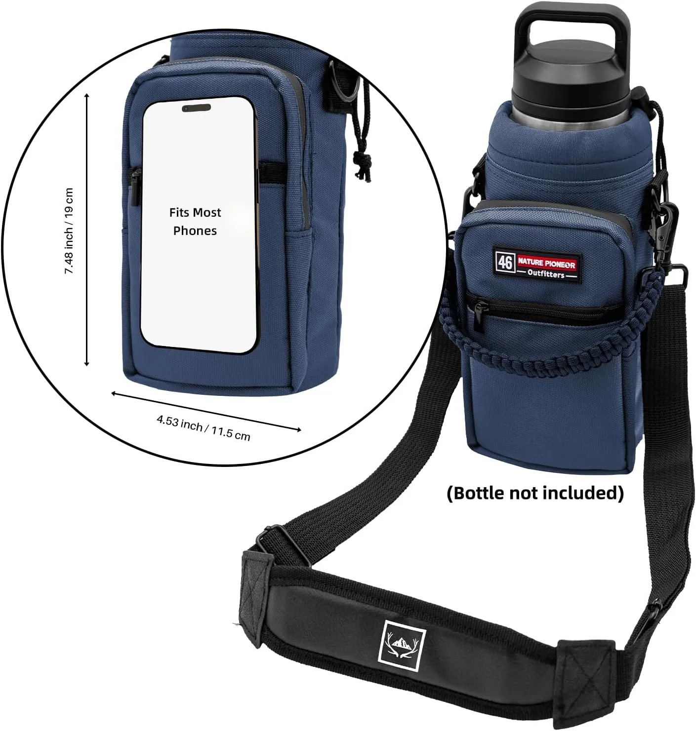 NATURE PIONEOR Water Bottle Carrier with Adjustable Strap - Insulated Sleeve Pouch Water Bottle Holder Bag with Paracord Handle & 2 Storage Pockets for 18/24/25/26/32/36/40/46oz, Hiking, Camping, Gym