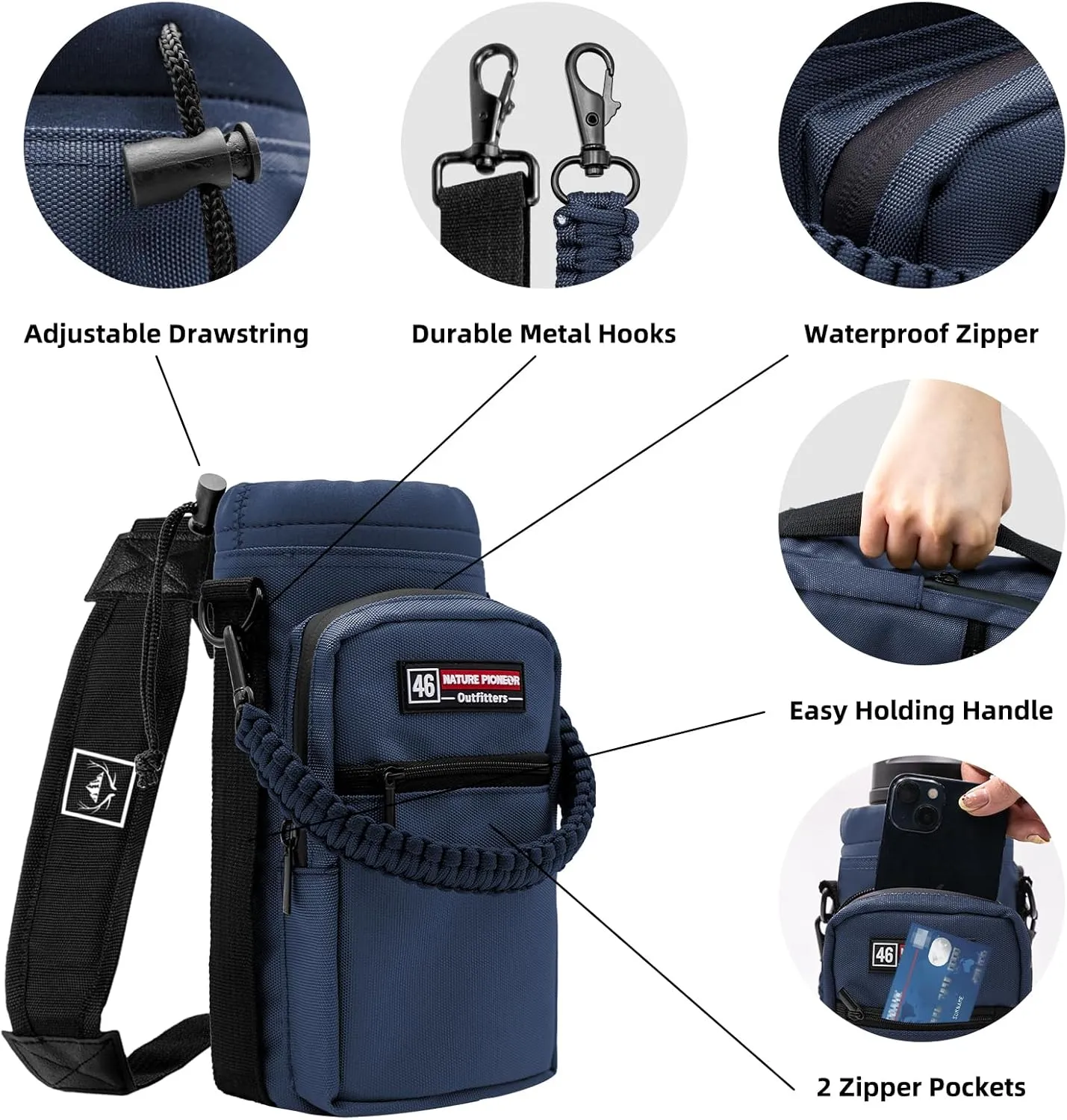 NATURE PIONEOR Water Bottle Carrier with Adjustable Strap - Insulated Sleeve Pouch Water Bottle Holder Bag with Paracord Handle & 2 Storage Pockets for 18/24/25/26/32/36/40/46oz, Hiking, Camping, Gym