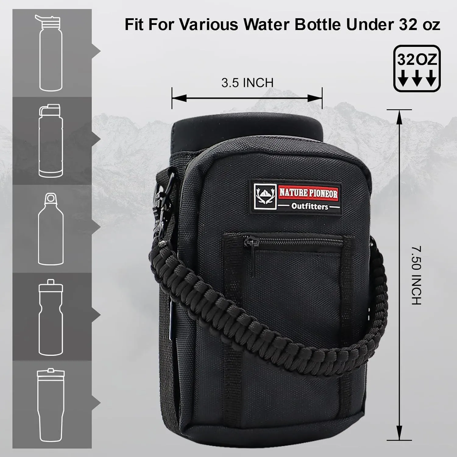NATURE PIONEOR Water Bottle Holder with Strap 25 32 40 64 oz Insulated Water Bottle Carrier Sling Sleeve for Hiking,Outdoor Camping,Gym