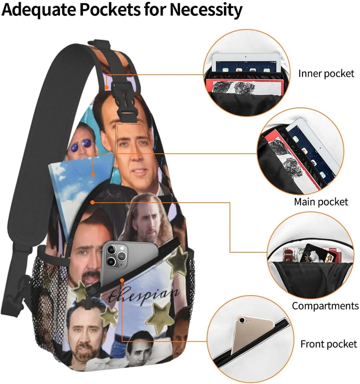 Nic-olas Cage Crossbody Bag Sling Shoulder Backpack, for Outdoor Travel,Sports,Camping,Hiking,Shoulder Bags