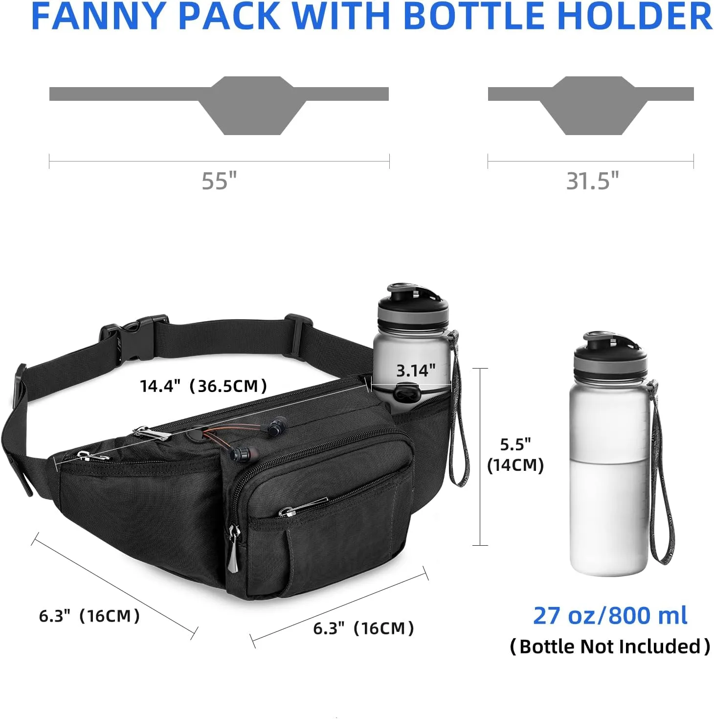 NOOLA Fanny Pack Waist Bag for Men Women, Lightweight Waist Pack with Water Bottle Holder, Adjustable Belt Bag with Multi-Pockets for Hiking, Dog Walking, Outdoor, Cycling, Running, Travel, Black