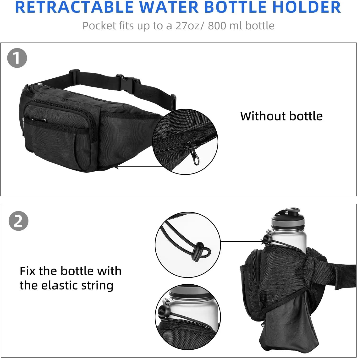 NOOLA Fanny Pack Waist Bag for Men Women, Lightweight Waist Pack with Water Bottle Holder, Adjustable Belt Bag with Multi-Pockets for Hiking, Dog Walking, Outdoor, Cycling, Running, Travel, Black