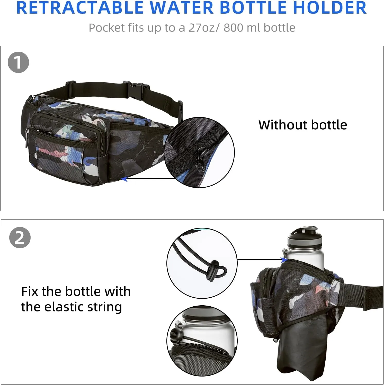 NOOLA Fanny Pack Waist Bag for Men Women, Lightweight Waist Pack with Water Bottle Holder, Adjustable Belt Bag with Multi-Pockets for Hiking, Dog Walking, Outdoor, Cycling, Running, Travel, Floral